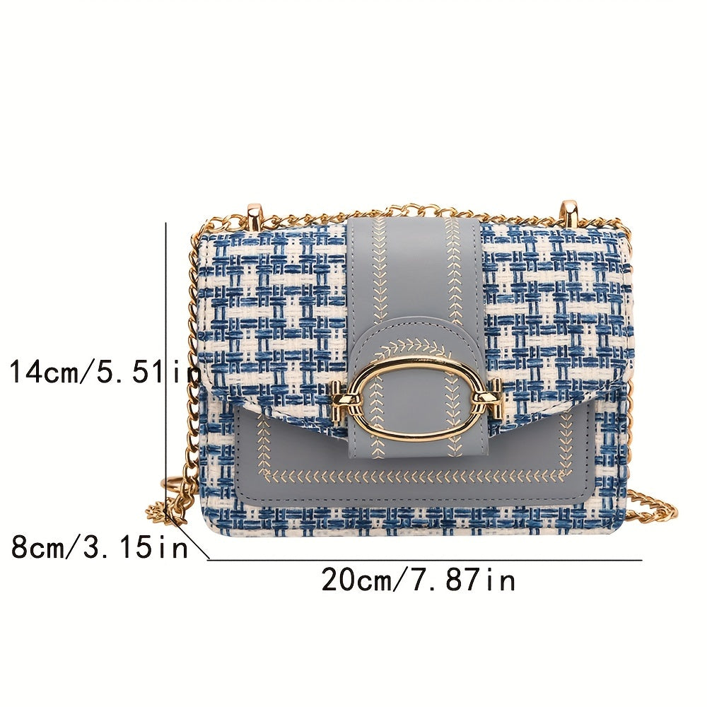 realaiot  Mini Plaid Pattern Tweed Bag, Buckle Decor Shoulder Square Bag, Chain Crossbody Flap Purse For Everyday