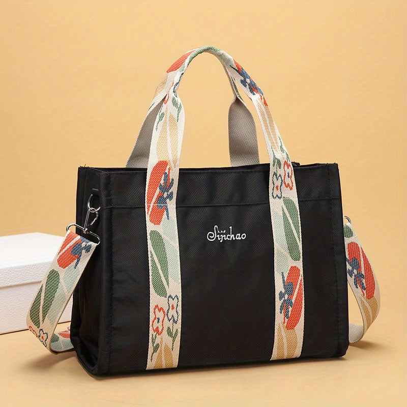 realaiot  Fashion Canvas Tote Handbag, Lightweight Shoulder Bag With Detachable Flower Print Strap