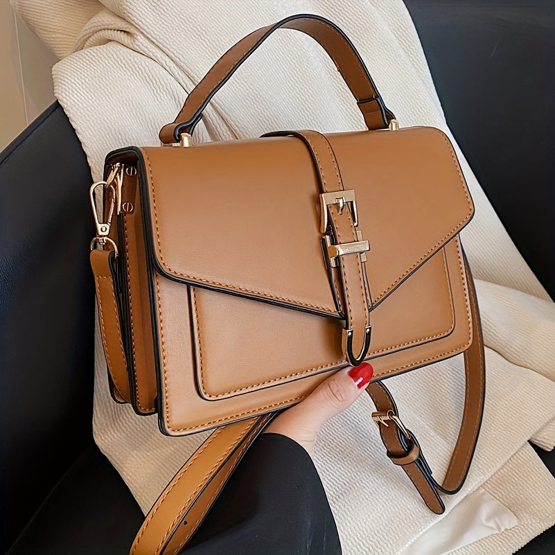 Solid Color Crossbody Bag, Fashion Buckle Decor Handbags, Women's Small Flap Square Purse