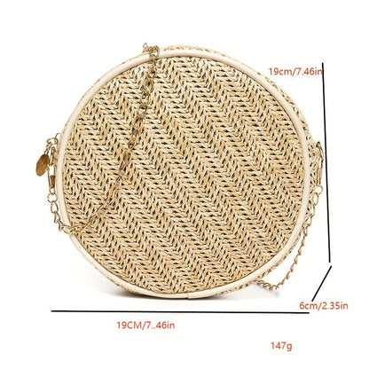 realaiot  Fashion Straw Round Bag, Women's Chain Crossbody Bag, Mini Summer Beach Bag For Holiday