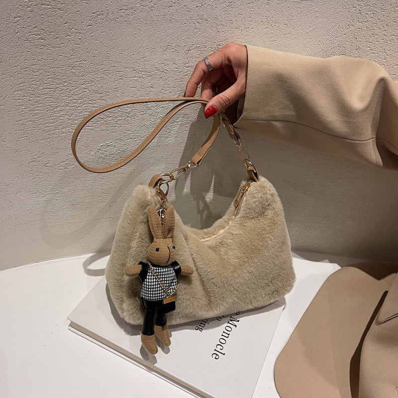 Trendy Zipper Plush Shoulder Bag, Stylish All-Match Crossbody Bag, Versatile Bag With Rabbit Pendant