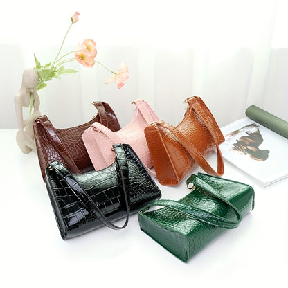 realaiot  Crocodile Pattern Underarm Bag, Stylish PU Leather Handbag, Solid Color Shoulder Bag