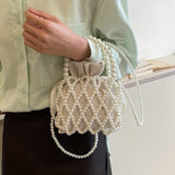 realaiot  Trendy Faux Pearl Straw Decor Satchel Bag, Drawstring Design Satchel Bag, Niche Handbag