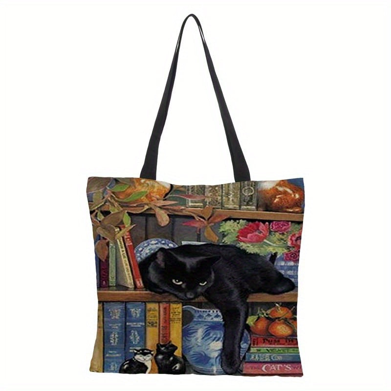 1pc Linen Lightweight Large Capacity Tote Bag, Reusable Printed Cat Pattern Shopping Bag Shoulder Bag