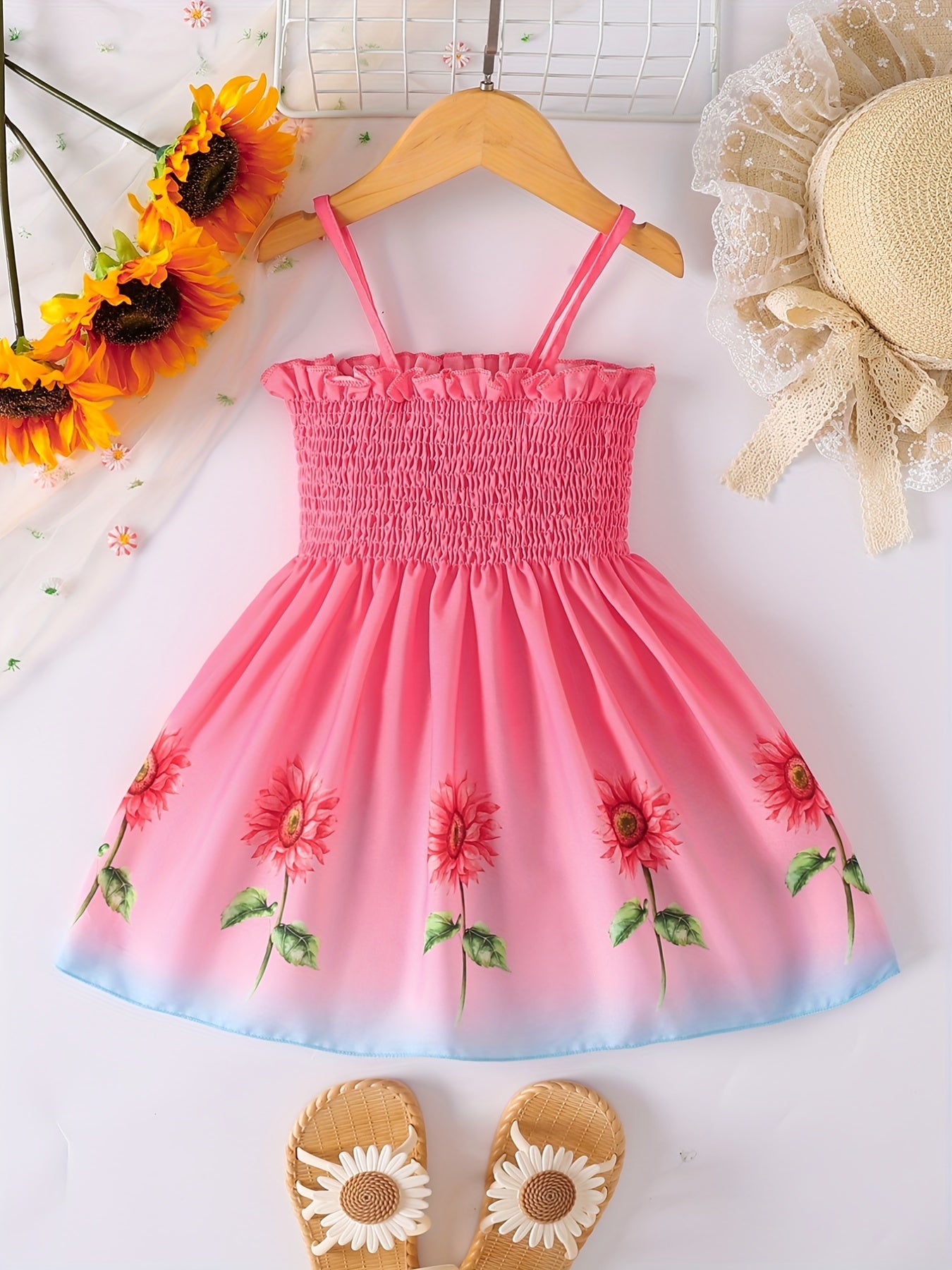 Toddler Girls Gradient Color Sunflower Graphic Frill Trim Shirred Cami Princess Dress For Party Beach Vacation Kids Summer Clothes 4th Of July Outfit