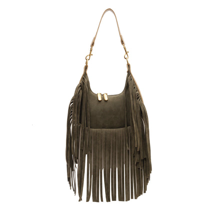 Retro Tassel Shoulder Bag, Bohemian Suede Crescent Bag, Trendy Fringed Handbag For Women