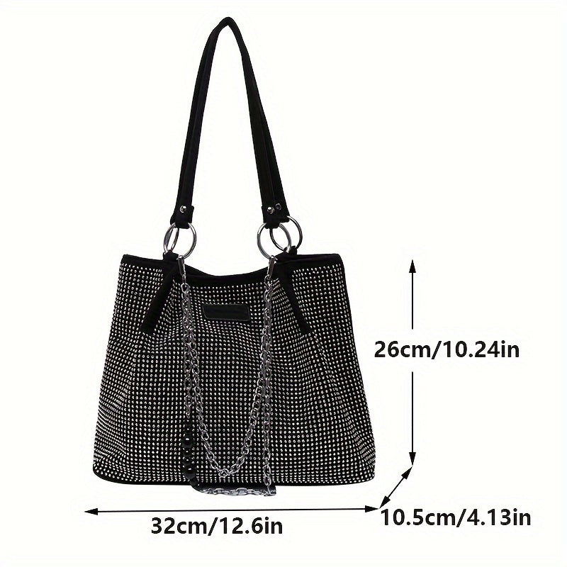 realaiot  Women's Fashion Large Capacity Rhinestones Decor Shoulder Bag, Top Handle Handbag With Chain Decor