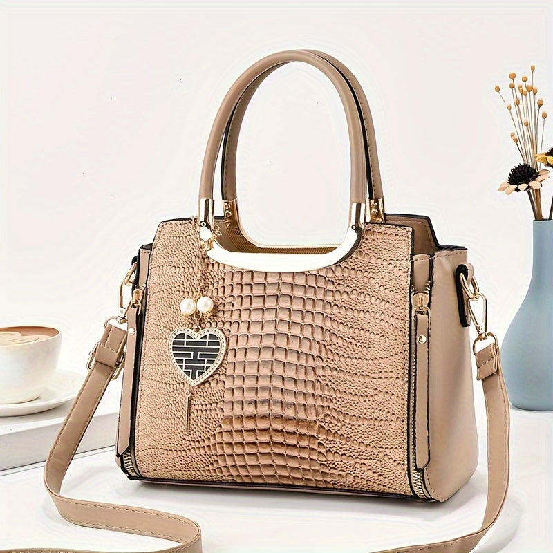 Heart Charms Decor Handbag, Stylish Crossbody Bag For Women, Elegant Glossy Satchel Purse