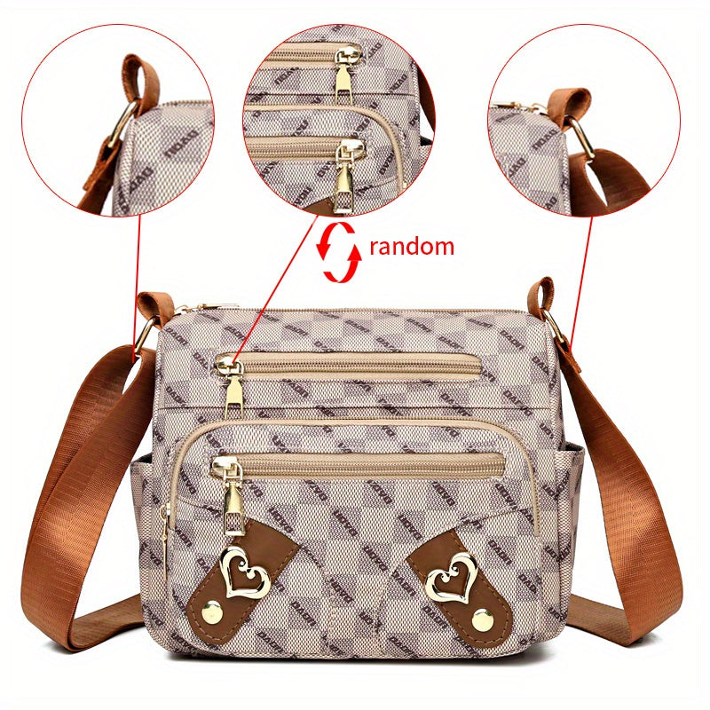 realaiot  Fashion Plaid Pattern Crossbody Bag, Women's Multi Pockets Purse, Heart Decor Faux Leather Shoulder Bag