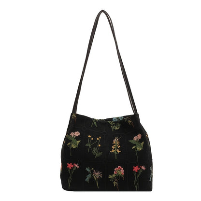 realaiot  Floral Embroidery Shoulder Bag, Vintage Daily Bucket Bag, Fashion Handbags For Women