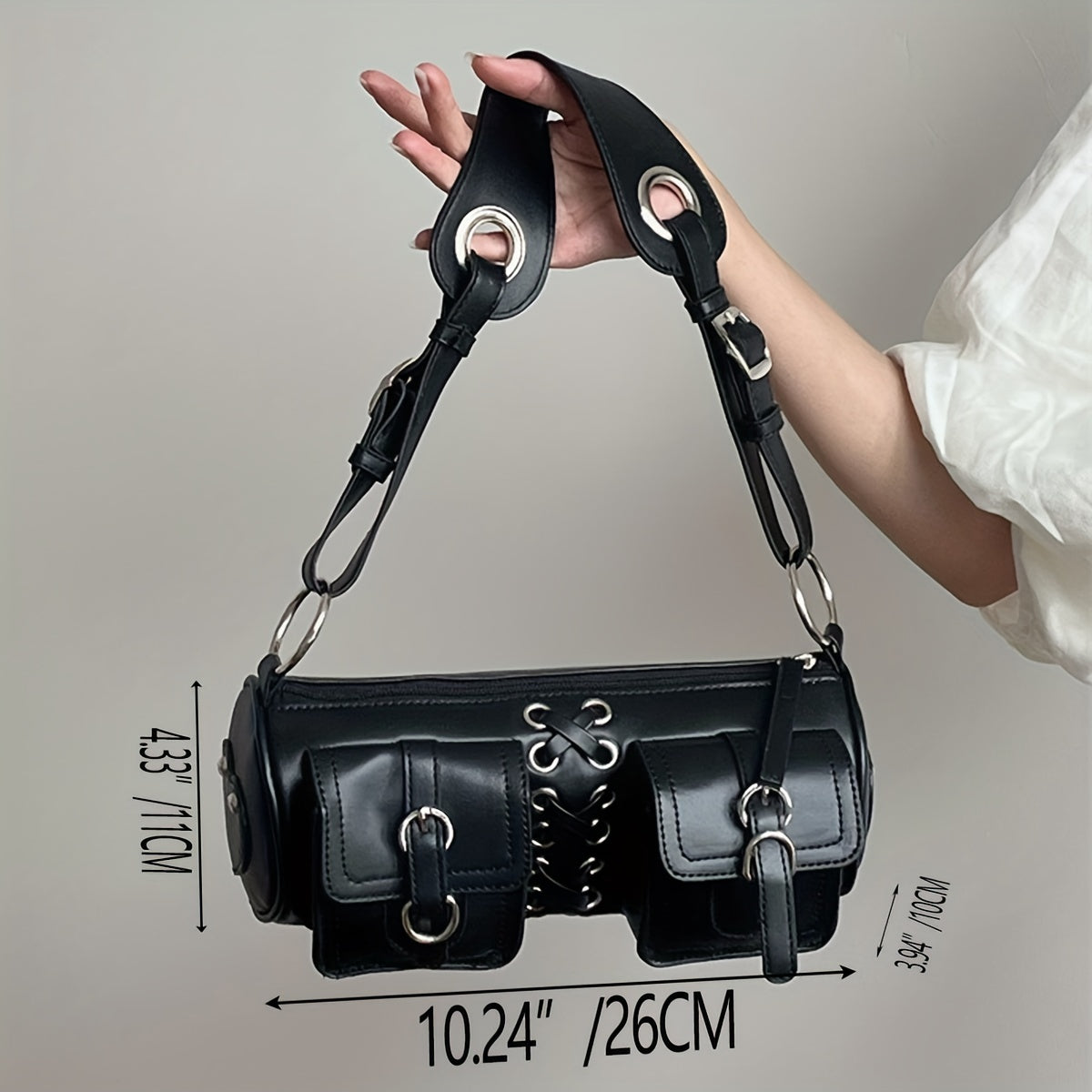 realaiot  Dark Style Hot Girl Cylinder Bag, Punk Black Rope Decor Underarm Bag, PU Leather Gothic Shoulder Purse