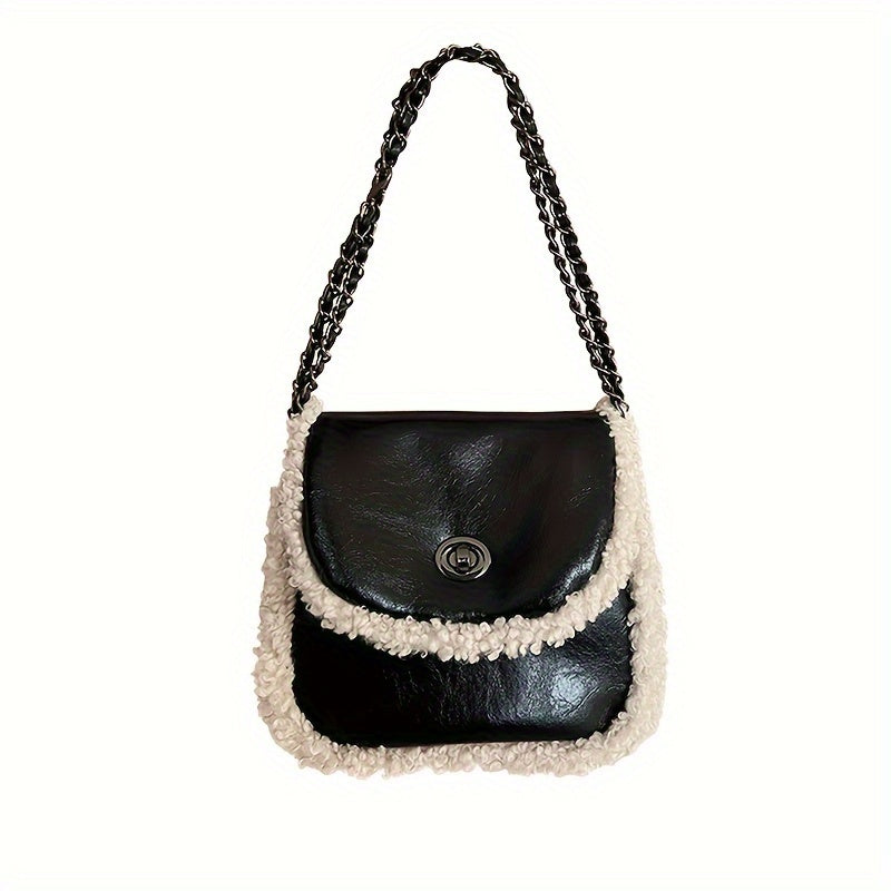 realaiot  Black Plush Mini Square Chain Bag, Turn-Lock Flap Shoulder Bag, All-Match Women's Texture Handbag