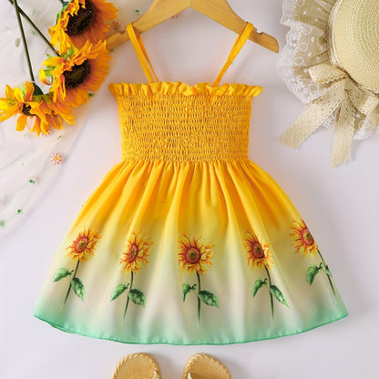 Toddler Girls Gradient Color Sunflower Graphic Frill Trim Shirred Cami Princess Dress For Party Beach Vacation Kids Summer Clothes 4th Of July Outfit