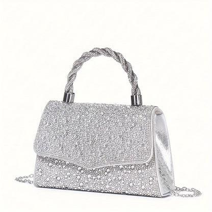 realaiot  Luxury Rhinestone Evening Bag, Braided Handle Clutch Purse, Women Shiny Handbag For Wedding Party Prom Banquet