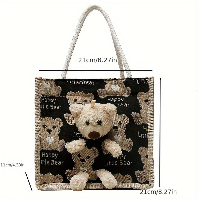 Kawaii Cow Print Tote Bag, Cute Bear Pendant Canvas Bag, Women's Casual Handbag & Shopping Bag