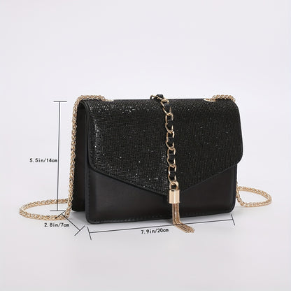 realaiot  Glitter Flap Tassel Versatile Shoulder Bag, Chain Decor Stylish Shoulder Bag, Magnet PU Leather Solid Color Trendy Crossbody Bag