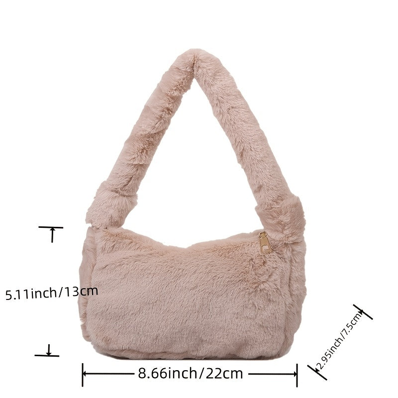 Women's Plush Underarm Bag, Ladies Fluffy Shoulder Bag, Solid Color Hand Purse, Top Handle Bag