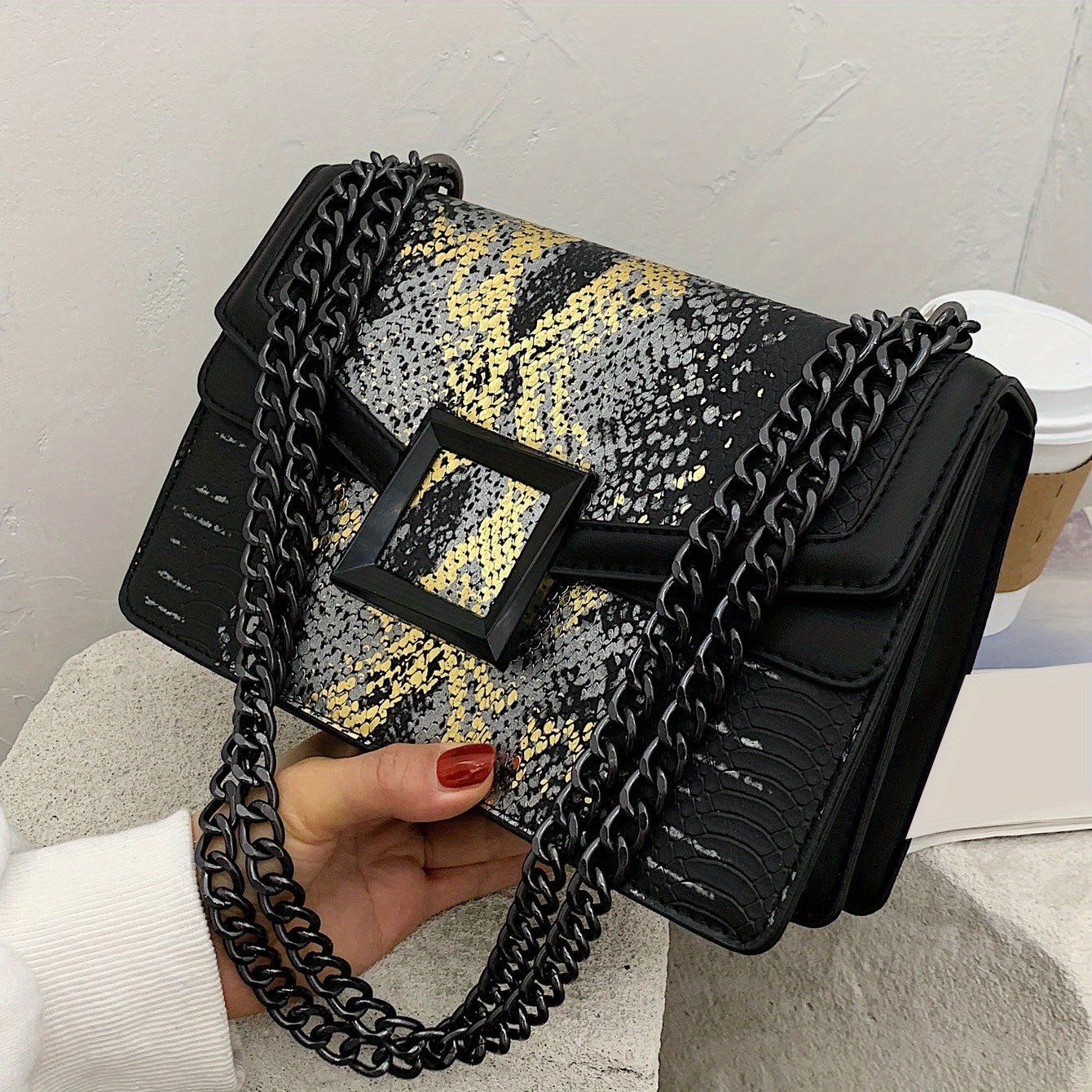 realaiot  Elegant Crossbody Square Bag - Retro Snake Skin Pattern Bag - Classic Flap Chain Shoulder Bag