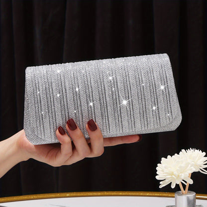 realaiot Glitter Ruched Evening Clutches, Luxury Dress Flap Purse, Women's Handbag For Wedding Party Prom Banquet