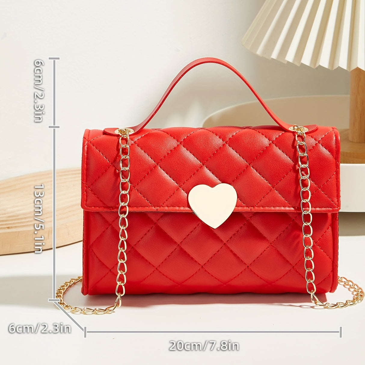 realaiot  Argyle Quilted Chain Crossbody Bag, Heart Decor Flap Purse, Women's Lovely Square Handbag Valentine's Day gift