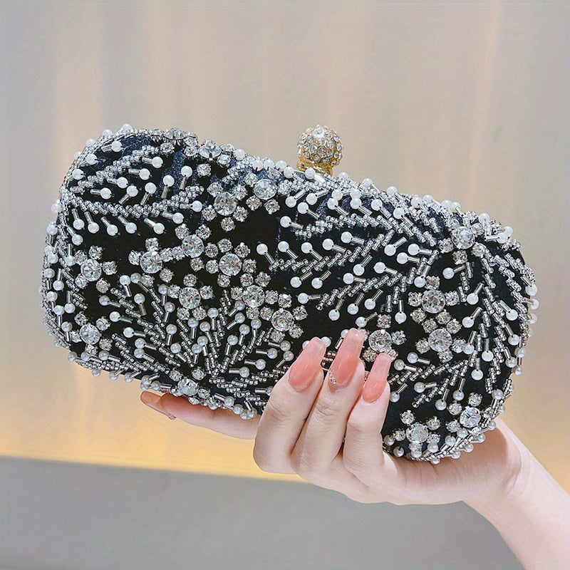 realaiot Faux Pearl & Diamond Kiss Lock Clutch Bag, Party Bag, Metal Chain Cocktail Handbag