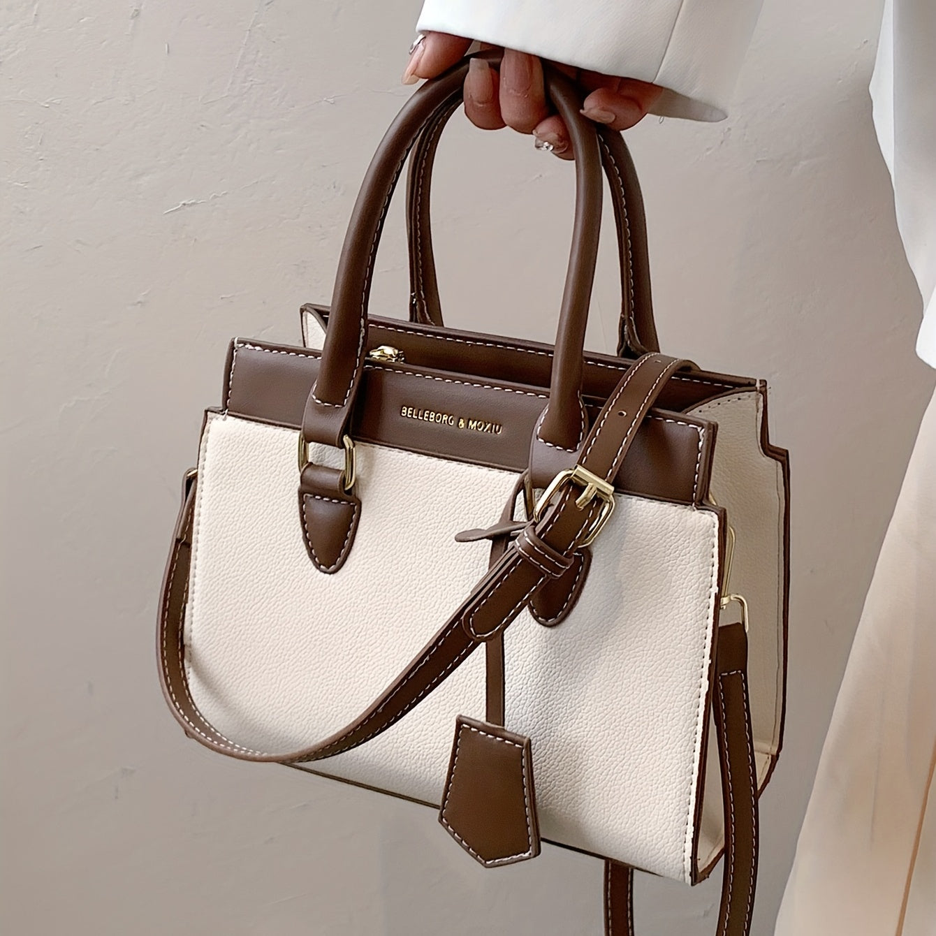 realaiot  Top Handle Satchel Crossbody Bag, PU Leather Color Contrast Handbag Purse, Classic Versatile Fashion Shoulder Bag