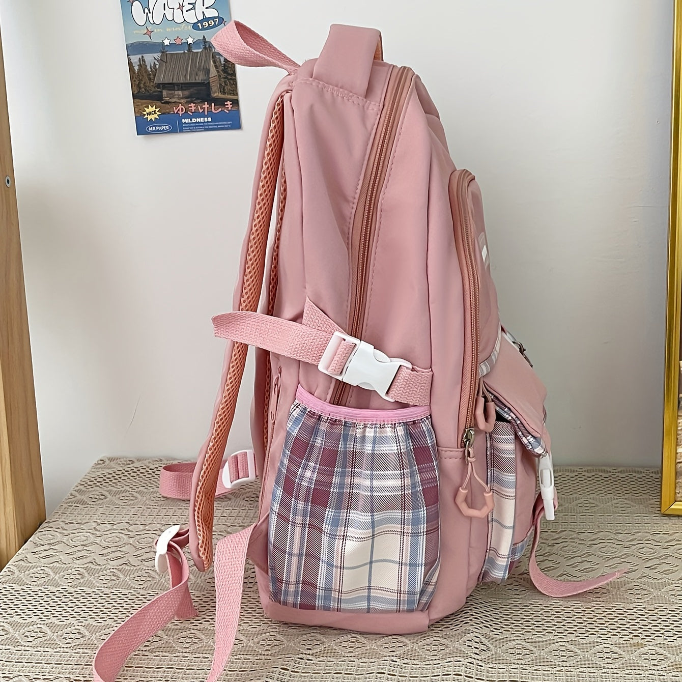 realaiot  Kawaii Plaid Pattern  Laptop Backpack, Preppy Style Student School Bag, Multi Pocket Travel Bookbag For Teen Girls