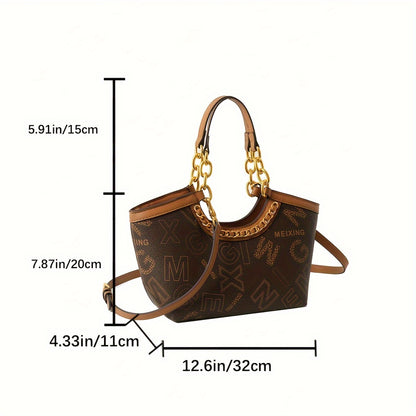 realaiot Fashion Letter Print Handbag, Chain Decor Crossbody Bag, Women's Retro Tote Bag With Zipper