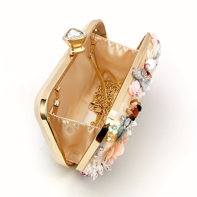 3D Beaded Flower Evening Bag, Elegant Box Clutch Purse, Women's Wedding Handbags For Party Prom