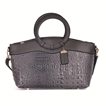 Women's Vintage Shoulder Bag, Crocodile Pattern Satchel Bag With Round Strap, Versatile Handbag