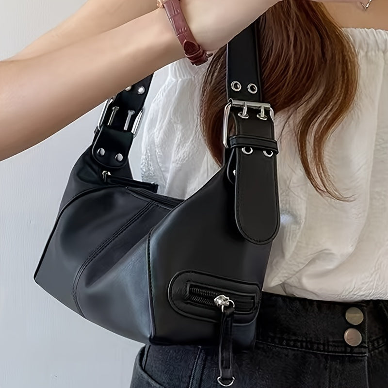 realaiot Trendy Multi-pocket Shoulder Bag, Cool Simple Solid Color Handbag, Perfect Underarm Bag For Everyday Use