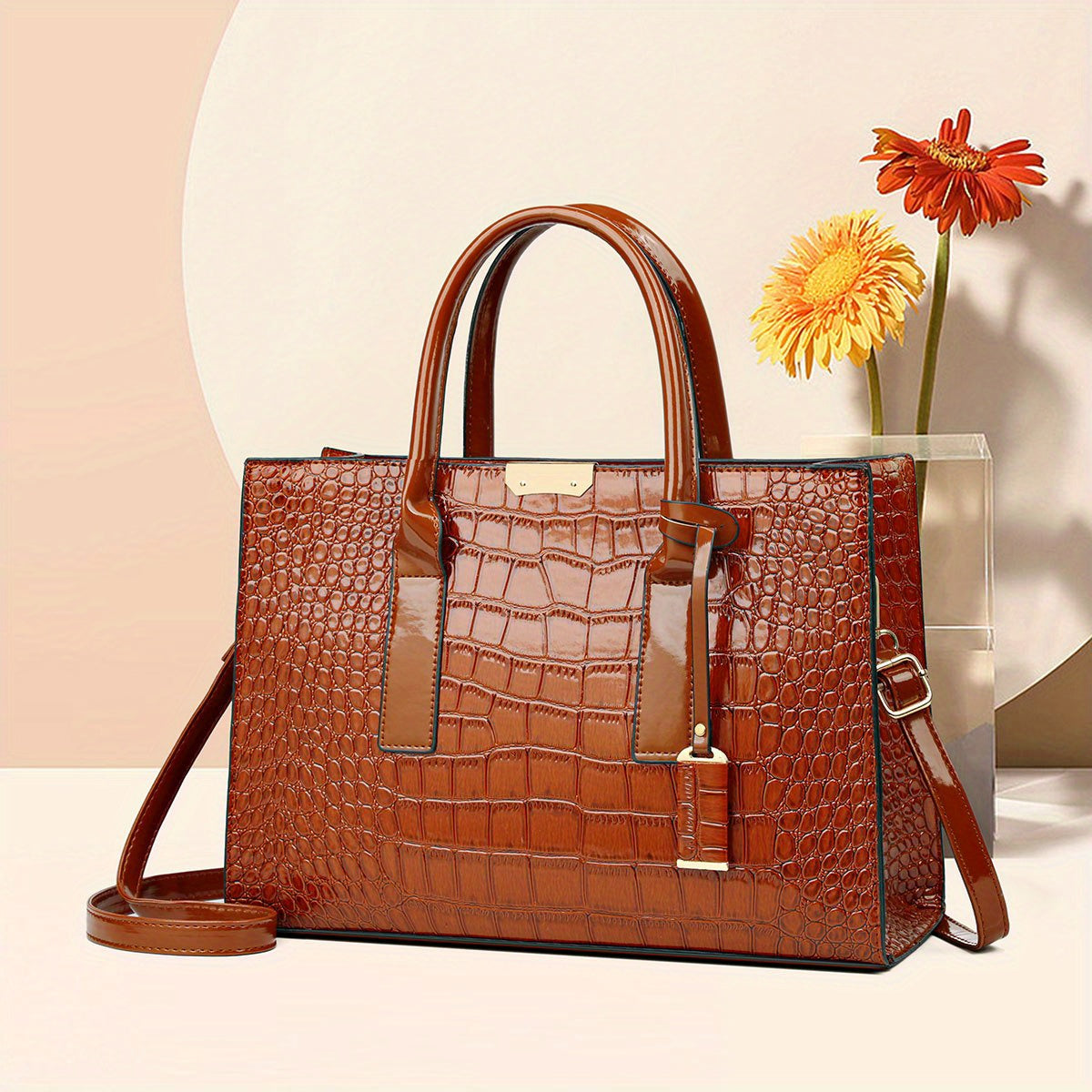 Elegant Crocodile Pattern Tote Bag, Luxury Top Handle Handbag, PU Leather Purse For Women