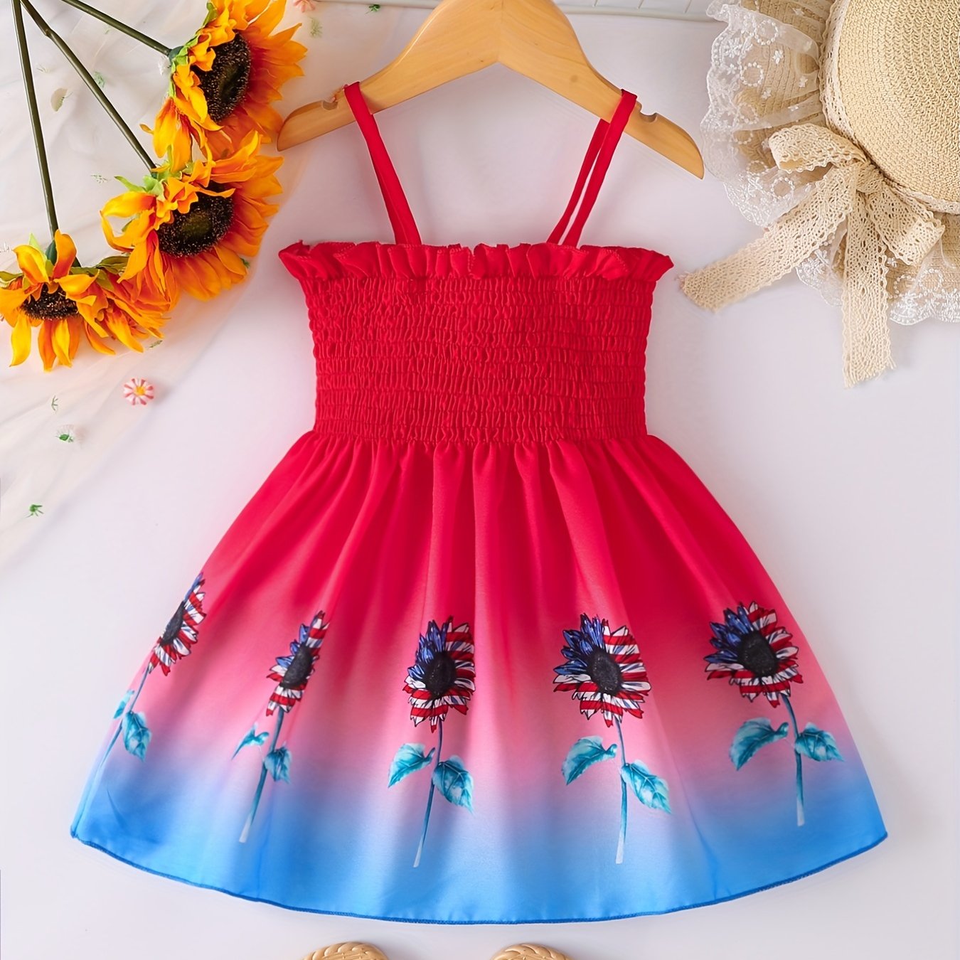 Toddler Girls Gradient Color Sunflower Graphic Frill Trim Shirred Cami Princess Dress For Party Beach Vacation Kids Summer Clothes 4th Of July Outfit