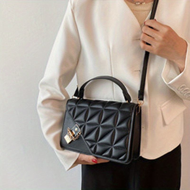 realaiot  Argyle Quilted Square Handbag, Buckle Decor Crossbody Bag, Women's Faux Leather Flap Purse