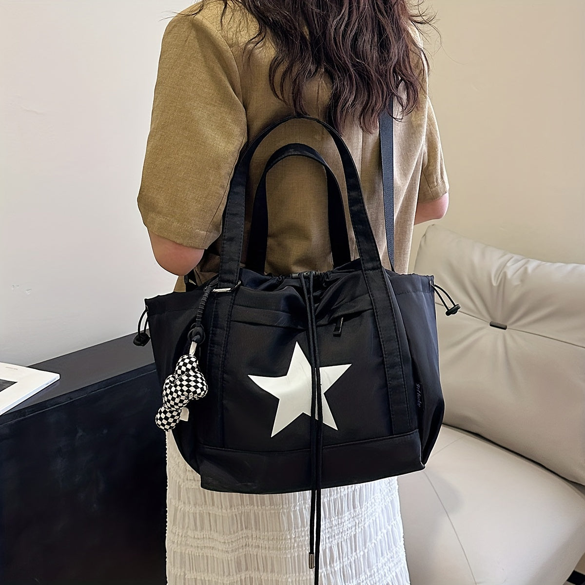 realaiot  Trendy Star Pattern Colorblock Shoulder Bag, Casual Drawstring Handbag, Versatile Niche Bag For School