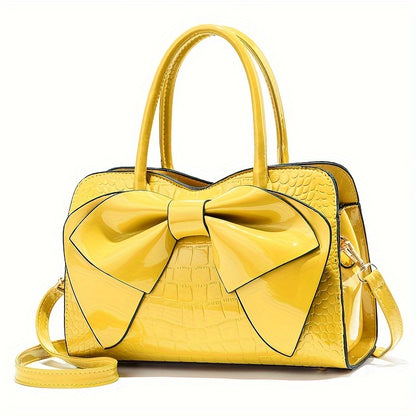 Trendy Crocodile Pattern Bow Tote Bag, All-match Solid Color Multi-pocket Shoulder Bag, Perfect Handbag For Commuting