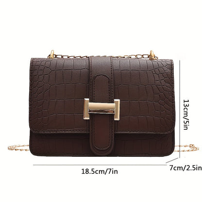 Crocodile Embossed Shoulder Bag, Women's Buckle Decor Crossbody Bag, Trendy Chain Square Purse