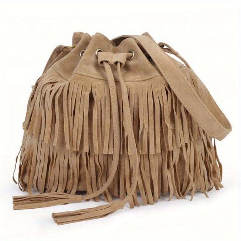 Retro Tassel Drawstring Bucket Bag, Drawstring Crossbody Bag, Simple Fringe Shoulder Bag For Travel & Daily Use