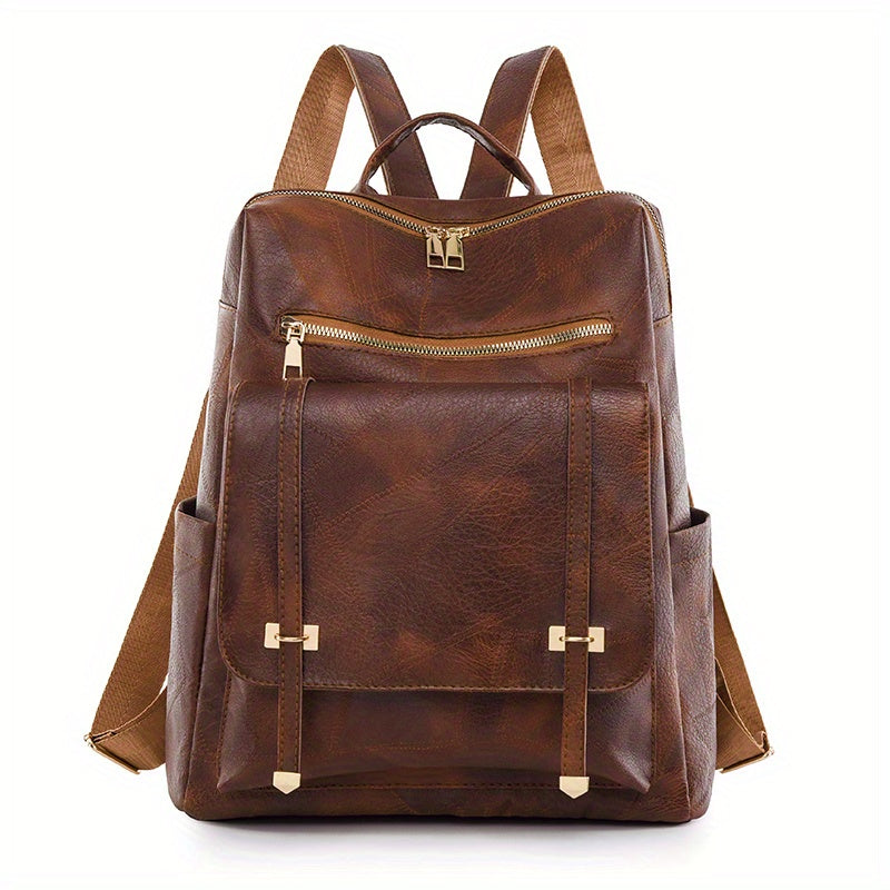 realaiot  Vintage PU Leather Backpack, Multi Pocket School Bag, Casual Daypack For Outdoor Travel