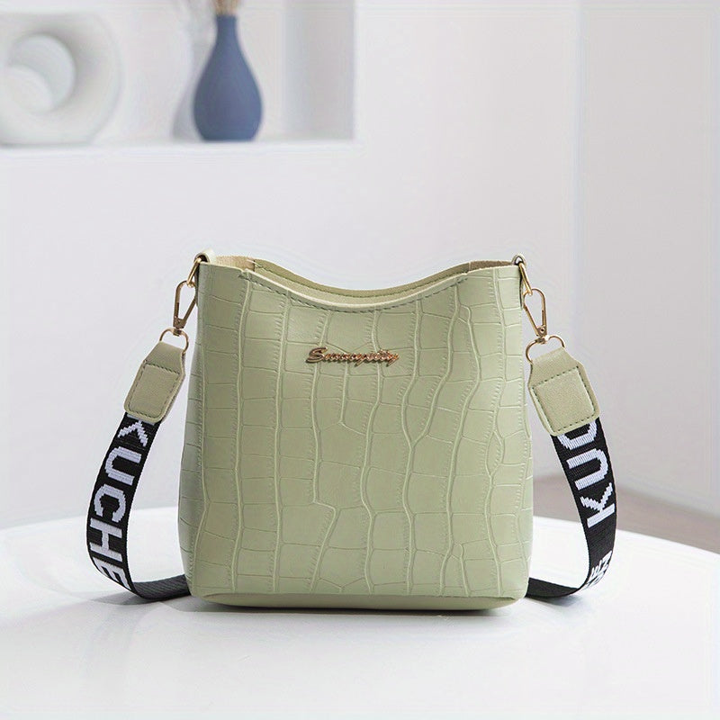 realaiot  Mini Crocodile Pattern Bucket Bag, Wide Strap Shoulder Bag, Women's Crossbody Purse (7.2*6.7*2.7) Inch