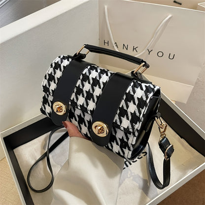 Mini Houndstooth Pattern Stitching Square Bag, Turn-Locks Top Handle Wallet For Women, Vintage Handbag