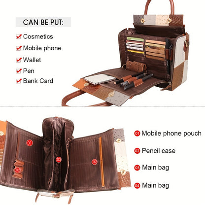 Genuine Leather Purse For Women, Vintage Patchwork Handbag, Fashion Crossbody Makeup Bag With Multiple Compartments