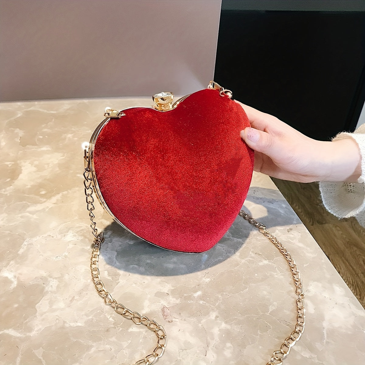 Mini Heart Shaped Prom Purse, Glitter Chain Crossbody Bag, Women's Box Handbag For Wedding & Party