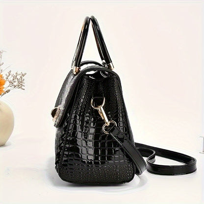 Classic Solid Color Mini Square Shoulder Bag, Crocodile Pattern Top Handle Bag For Women