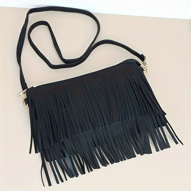 realaiot  Retro Tassel Crossbody Bag, Women's Versatile Shoulder Bag, Boho Style Fringe Square Purse