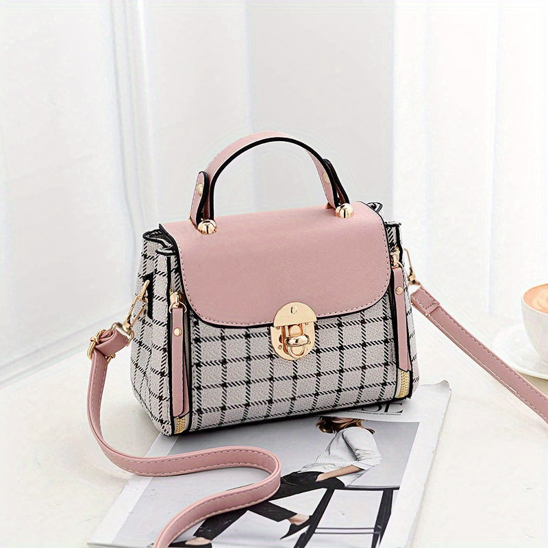 Plaid Pattern Handbag, Women's Buckle Decor Flap Purse, Fashion PU Leather Crossbody Bag