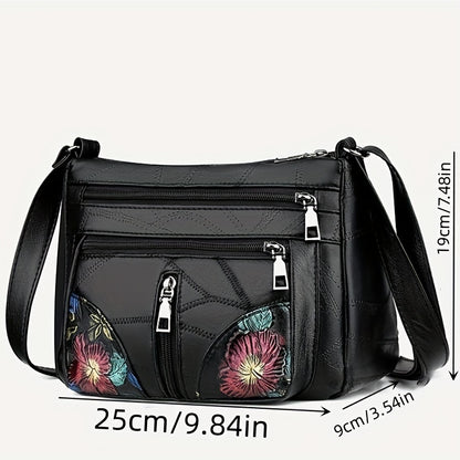 Floral Pattern Zipper Shoulder Bag, Adjustable Strap Soft Women's Bag, Multi-Layered Crossbody Bag