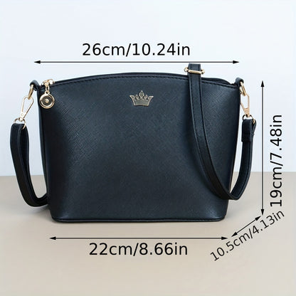 realaiot  Crown Decor Simple Zipper Crossbody Bag, PU Leather Textured Bag Purse, Classic Versatile Fashion Shoulder Bag