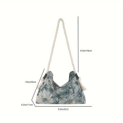 realaiot  Oil Painting Flower Shoulder Bag, Trendy Leopard Print Handbag, Literary Canvas Underarm Purse For Women