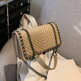 Trendy Chain Crossbody Bag, Chevron Quilted Square Purse, Simple Shoulder Bag For Women